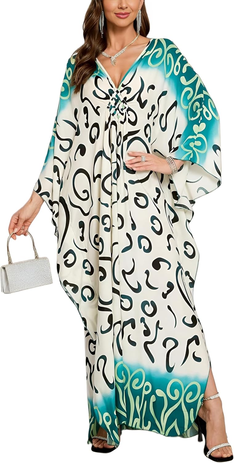 KEYLORTING Women’s Kaftan Beach Cover Up Dress Plus Size Summer Swimsuit Loungewear Maxi Dress - Image 1